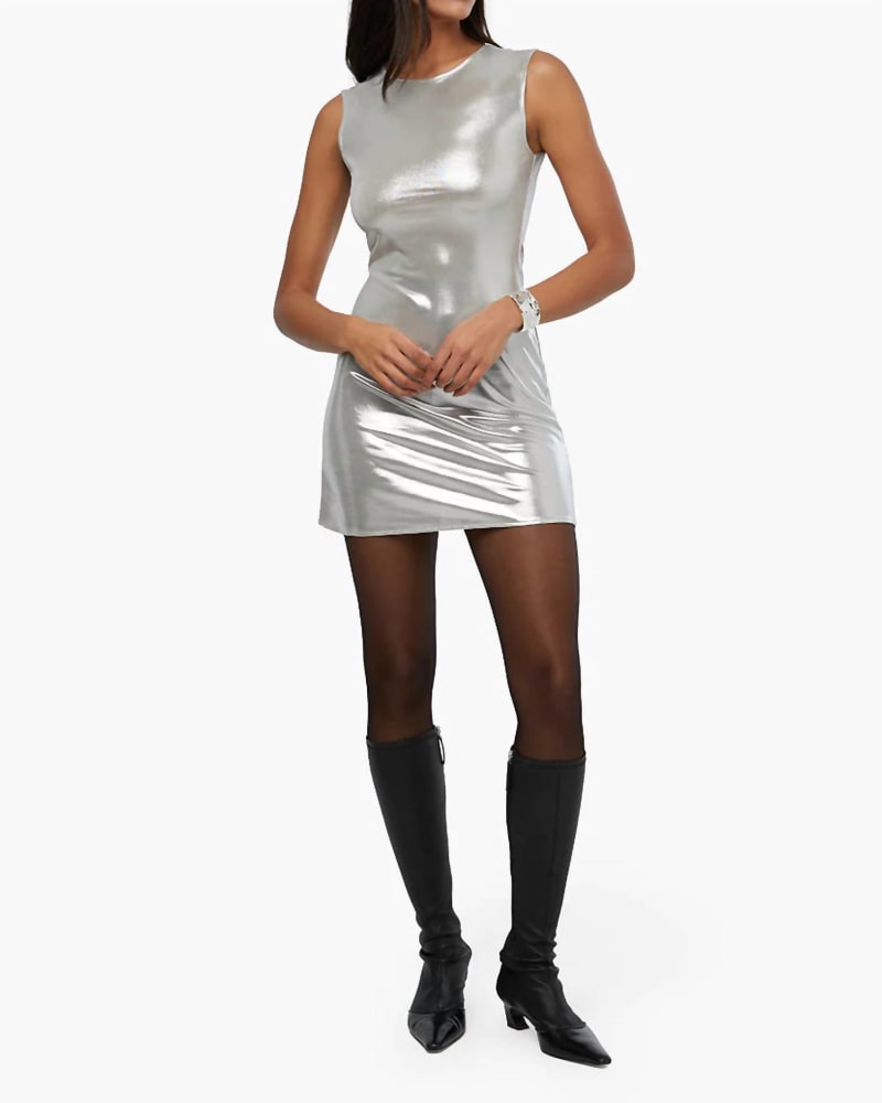 Front of a model wearing a size L Muscle Tank Mini Dress In Silver in Silver by WE WORE WHAT. | dia_product_style_image_id:358352
